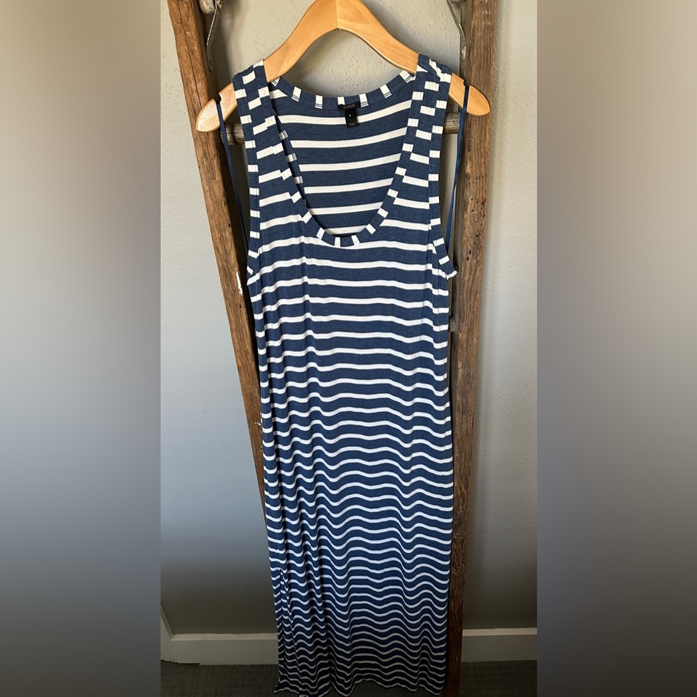 J. Crew blue and white striped maxi dress.